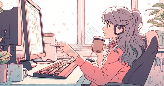 坐在电脑前忙碌工作的卡通女青年高清图片