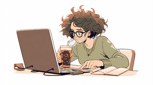 忙碌女孩坐在电脑前忙碌工作的卡通女青年插画