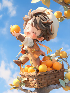 在果树下摘果实开心笑的可爱卡通小男孩高清图片