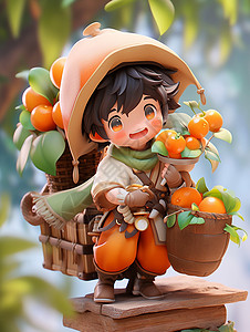 在果树下摘果实开心笑的可爱卡通小男孩背景图片