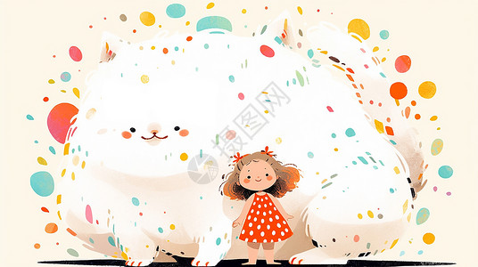 在巨大的白猫前可爱的卡通小女孩儿童插画高清图片