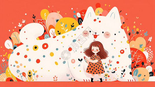 大花猫在巨大的白猫前可爱的卡通小女孩儿童插画插画