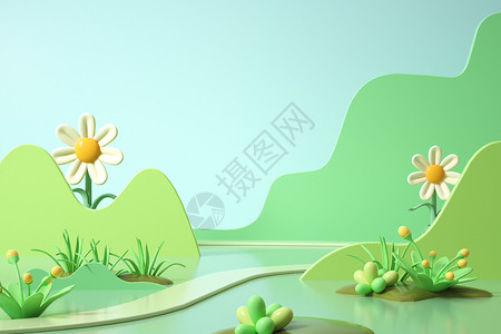3D立体花朵春季卡通花朵场景设计图片