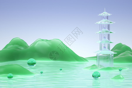中国风亭子图标中国风水面场景设计图片