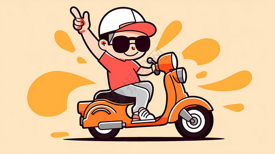 粗线条骑电动车的活泼的卡通男孩插画
