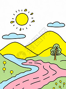 简约彩色粗线条抽象卡通山水房子风景画背景图片