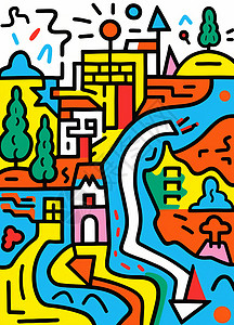 彩色抽象装饰画简约彩色粗线条抽象卡通山水房子风景画插画