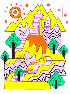 手绘树山抽象彩色手绘风简约卡通装饰画插画