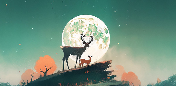 月上柳梢头圆圆的月下两只可爱的卡通小鹿在山坡上赏月插画