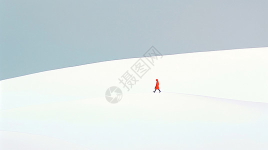 一个小小的卡通人物剪影走在平坦的山坡上唯美简约风景插画背景图片