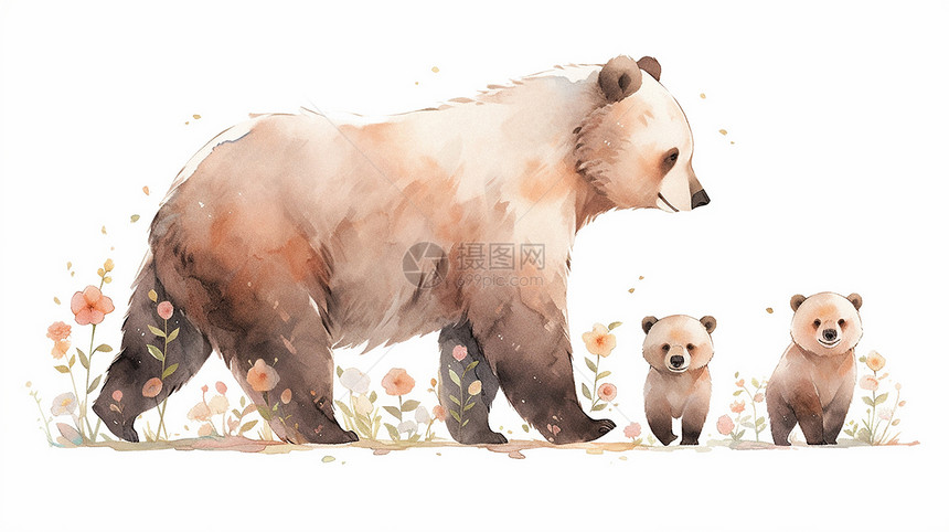 在花丛中几只可爱的卡通小棕熊图片