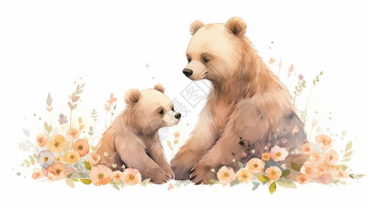 雾中棕熊在花丛中几只可爱的卡通小棕熊插画