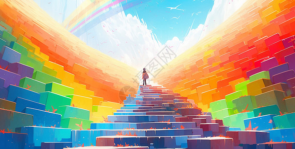 通往天空梦幻抽象的彩虹天梯卡通插画背景图片