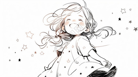 梦幻星空下开心笑的卡通小女孩线稿背景图片