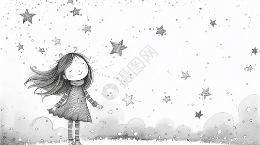 梦幻星空下的卡通小女孩线稿背景图片