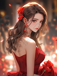 红色礼服穿着红色礼物抱着红色花束的卡通公主插画