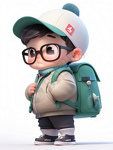 拎着包戴着黑色眼镜框的背着包的小男孩插画