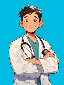 脖子上挂着听诊器穿着白大褂面带微笑的卡通医生背景图片
