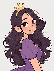 紫色裙子女孩头戴皇冠穿着紫色公主裙漂亮的卡通女孩插画