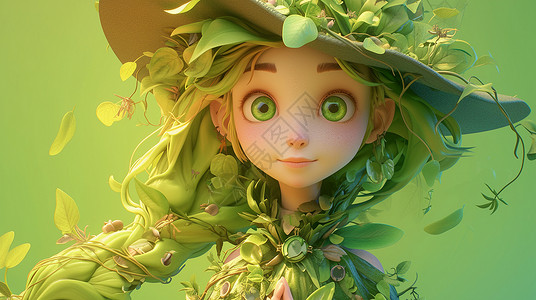 春天头上有很多绿植的漂亮的卡通女孩小精灵背景图片