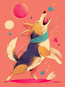 复古扁平风玩耍球的卡通小狗背景图片