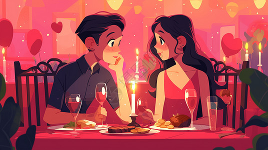 情人节晚宴正在共进烛光晚餐的甜蜜的卡通青年情侣插画