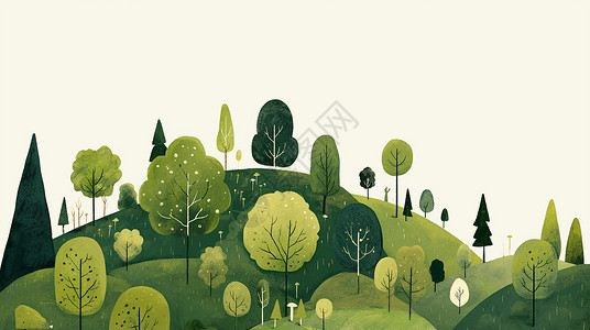 扁平风简约唯美的绿色调卡通森林场景插画