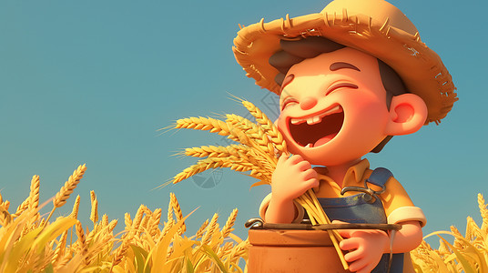 抱着农作物开心笑的卡通农民劳动人民背景图片
