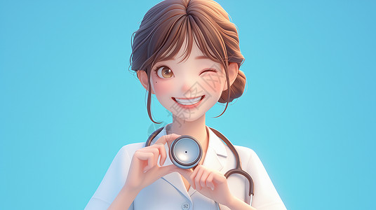 立体医疗背景手拿听诊器的可爱卡通女医生插画