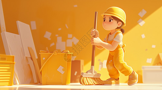 立体卡通工人正在扫地戴着帽子可爱的卡通工人插画