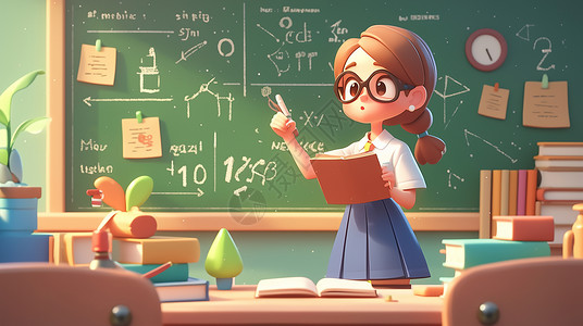 女教师卡通版在黑板前的卡通女教师插画