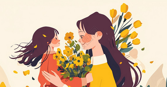 可爱的卡通小女孩送给妈妈一束鲜花高清图片