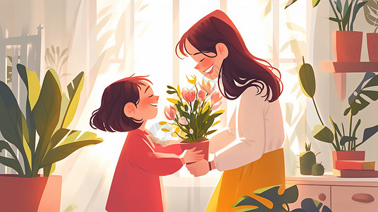 可爱的卡通小女孩送给妈妈鲜花背景图片