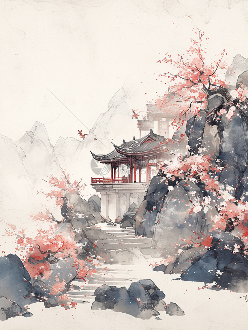 中国风插画在雪中盛开梅花图片