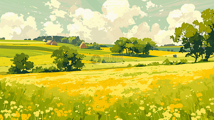 野外蓝天白云绿绿的草地唯美漂亮的卡通风景图片