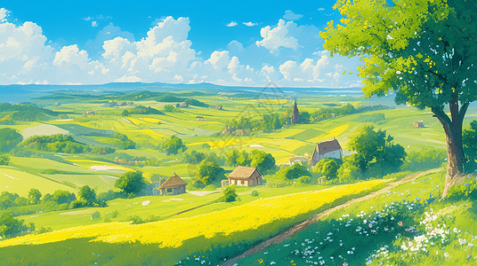 小房子木牌春天野外蓝天白云唯美漂亮的卡通风景插画