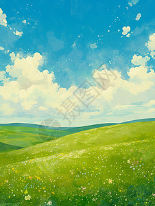 春天蓝蓝的天空下绿油油的山坡草地卡通风景插画