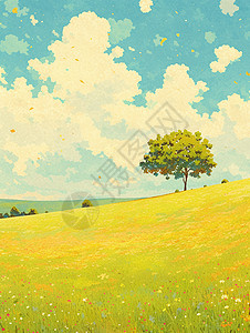 春天的山坡草地唯美卡通风景背景图片