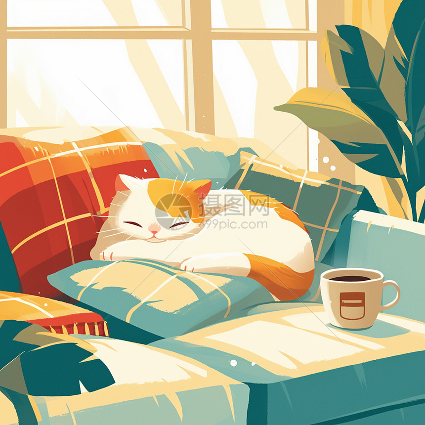 卧在沙发上安静睡觉的卡通小猫图片