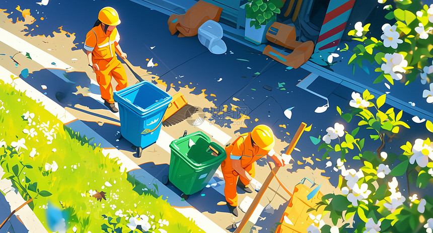 正在街边垃圾桶旁工作的卡通清洁工图片