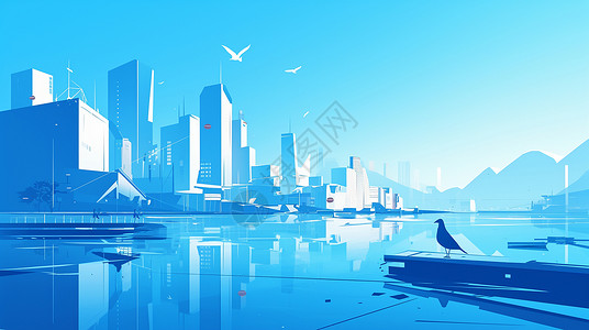 蓝色调时尚现代的扁平风卡通城市背景图片