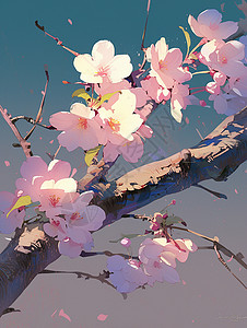 春天开满花朵的树枝唯美卡通插画背景图片