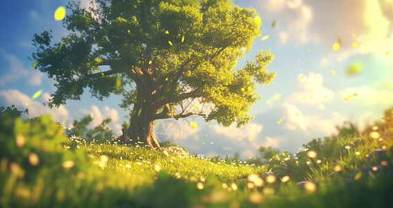 一棵孤单的树春天嫩绿的草地上一棵茂盛的卡通大树插画