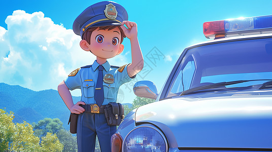 警车素材站在警车旁帅气的卡通警察插画