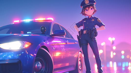警车素材站在警车旁帅气的警察插画