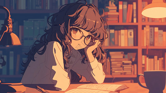 前台卡通夜晚在书桌前台灯下看书思考的长发女孩插画