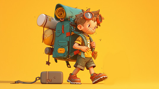 徒步卡通背着大大的背包去旅行度假的卡通小男孩插画