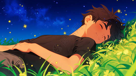 躺着卡通夜晚躺在草地上欣赏星空的卡通男孩插画