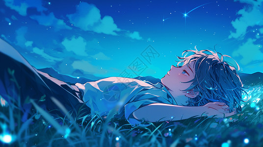 卡通人物躺着玩手机在草地上欣赏星空的男孩插画