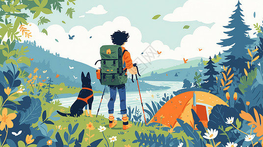 他乡春天与旅行徒步的人物与他的宠物狗插画